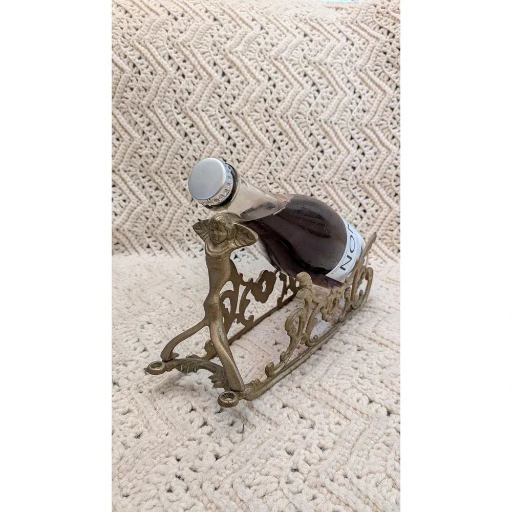 Vintage Brass Art Nouveau Wine Bottle Cradle Holder Lady Figure Floral Decor
